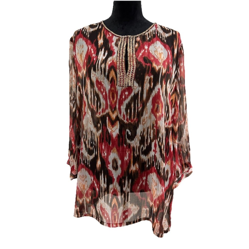 Chicos Size 3 US 16/XL Multicolor Sheer Top Beaded Split V Neck 3/4 Sleeves